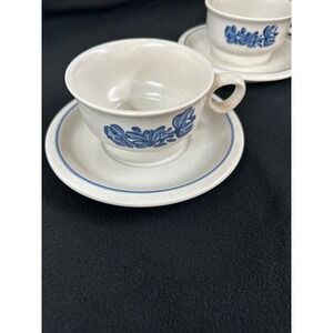 Vintage Pfaltzgraff Stoneware Cup and Saucer Sets Blue Yorktown Design, Set of 2